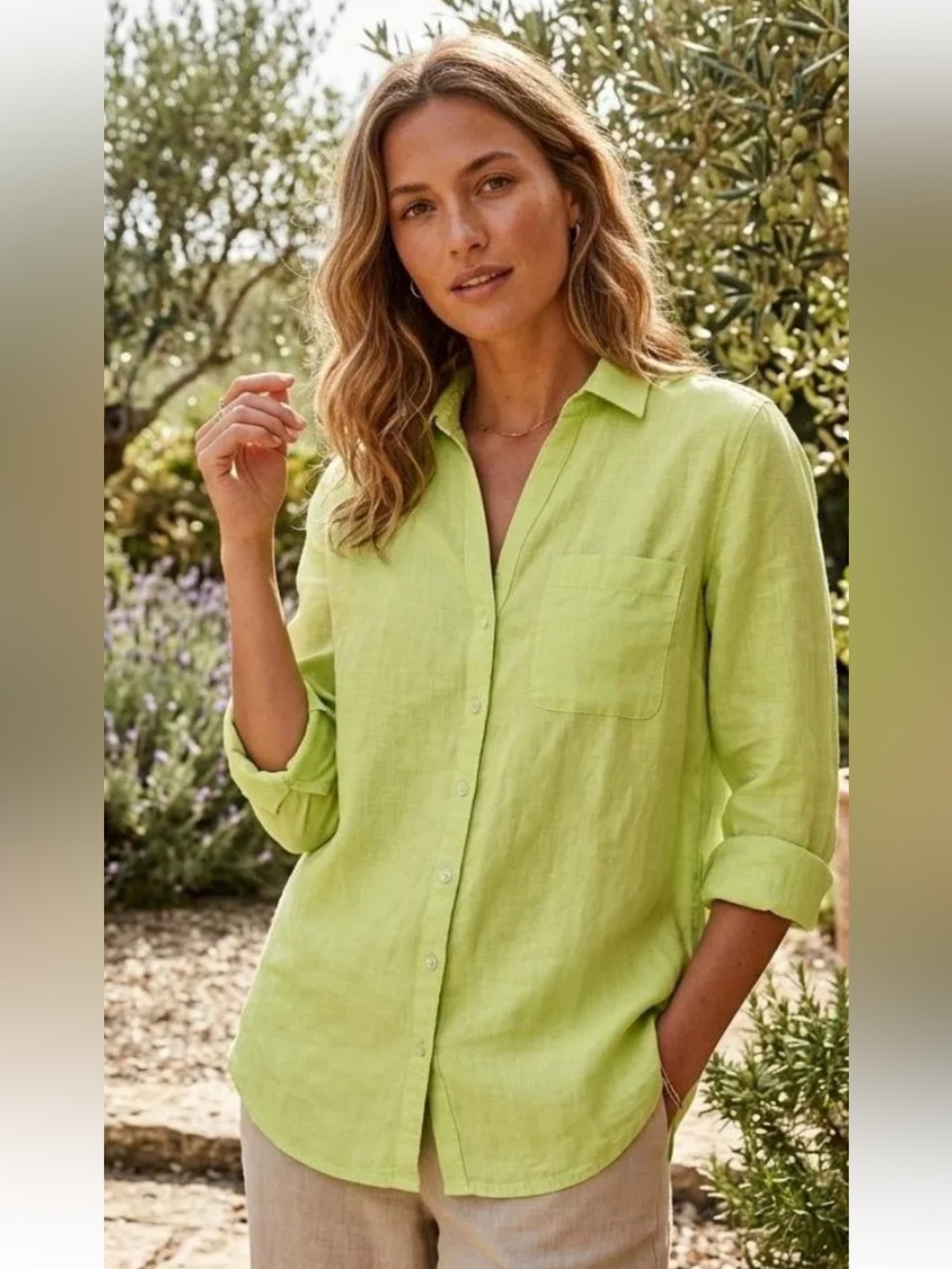 Sigrid Olsen 100% linen blouse top button up down shirt Green chartreuse XL NWOT